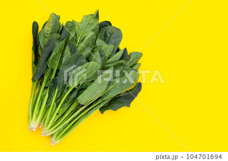 Fresh spinach on yellow background 104701694