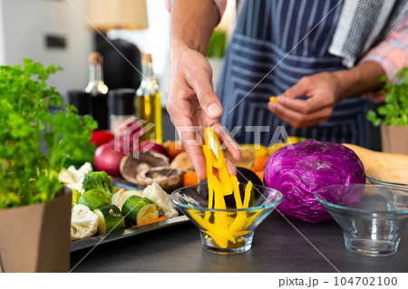 Midsection of biracial man wearing apron preparing meal with chopped vegetables in kitchen Midsection of biracial man wearing apron preparing meal with chopped vegetables in kitchen 104702100