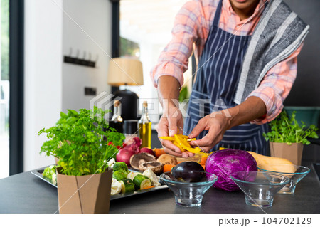 Midsection of biracial man wearing apron preparing meal with chopped vegetables in kitchen 104702129