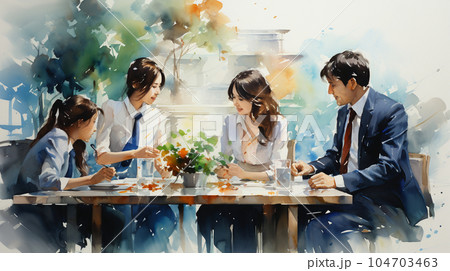 オフィス外で会議をしている女性と男性：水彩画