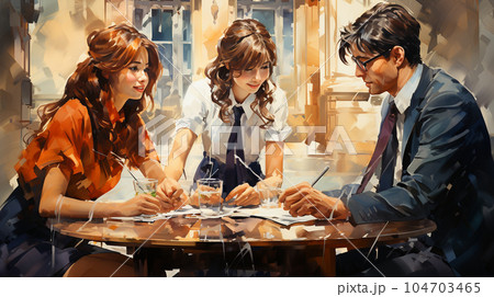 オフィス外で会議をしている女性と男性：水彩画
