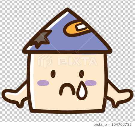 A hand drawn illustration of a cute house character who is sad because the roof is crumbling A hand drawn illustration of a cute house character who is sad because the roof is crumbling 104703753