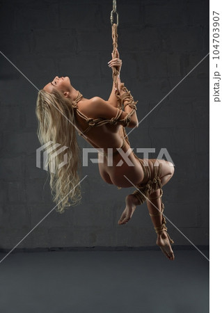 Naked blonde woman hanging in shibari tied ropesの写真素材 [104703907] - PIXTA