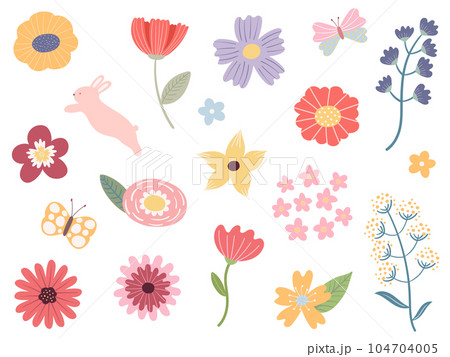 花と葉っぱのイラストセット 花と葉っぱのイラストセット 104704005