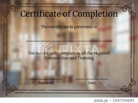 Composition of certificate of completion text with copy space on out of focus background 104704095