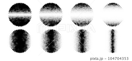 Halftone circle shapes with linear fading gradient. Dotted textured round forms collection in comic pop art style. Black spotted design elements bundle. Rasterized pixelated background pack. Vector 104704353