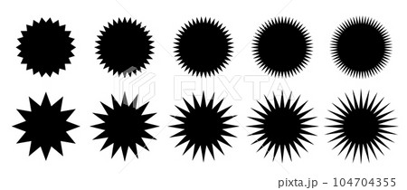 Zig zag edge circle shape set. Jagged round elements collection. Graphic design elements for decoration, banner, poster, template, sticker, badge. Vector 104704355