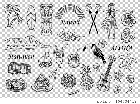 ハワイ イラストセット 手描き 白黒線画 ハワイ イラストセット 手描き 白黒線画 104704418