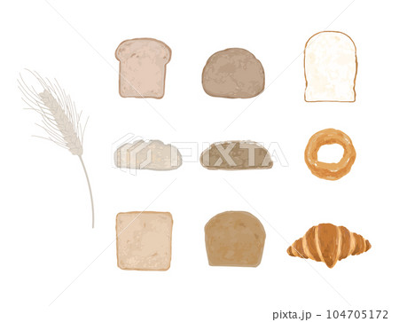 ベクターイラストセット:色々なパン 食パン ドーナツ ライ麦パン クロワッサン ベクターイラストセット:色々なパン 食パン ドーナツ ライ麦パン クロワッサン 104705172
