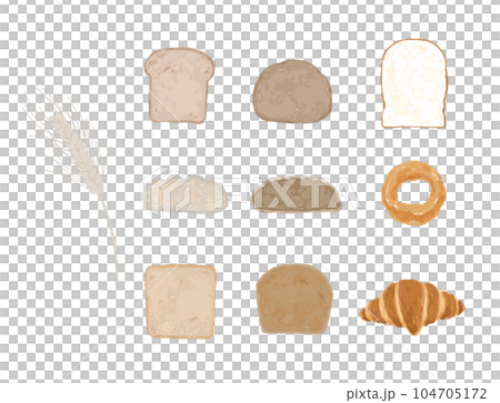 矢量插圖集：各種麵包、白麵包、甜甜圈、黑麥麵包、羊角麵包 104705172