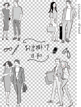お出かけしているカップルのイラストセット お出かけしているカップルのイラストセット 104705225