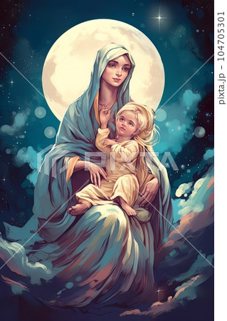 Biblical illustration of the Orthodox Mother of God Virgin Mary with the baby AI Biblical illustration of the Orthodox Mother of God Virgin Mary with the baby AI 104705301