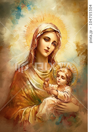 Photo illustration of the Orthodox Mother of God Virgin Mary with the baby biblical picture AI Photo illustration of the Orthodox Mother of God Virgin Mary with the baby biblical picture AI 104705304