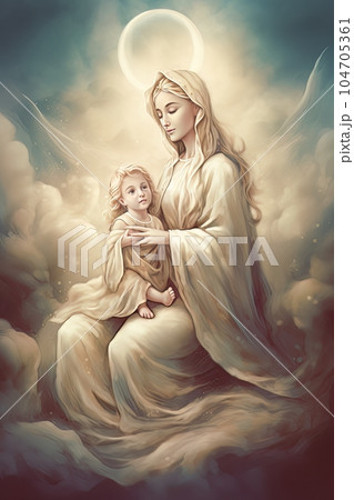 Photo illustration of the Orthodox Mother of God Virgin Mary with the baby biblical picture AI 104705361