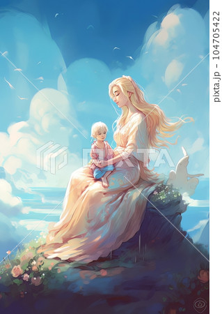 Photo illustration of the Orthodox Mother of God Virgin Mary with the baby biblical picture AI 104705422