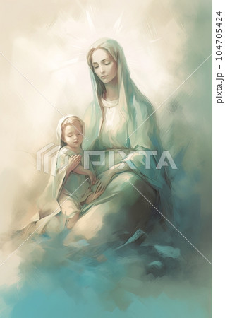 Photo illustration of the Orthodox Mother of God Virgin Mary with the baby biblical picture AI 104705424