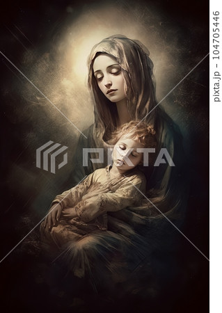Photo illustration of the Orthodox Mother of God Virgin Mary with the baby biblical picture AI 104705446