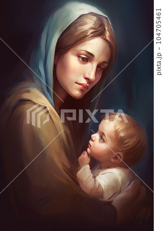 Photo illustration of the Orthodox Mother of God Virgin Mary with the baby biblical picture AI Photo illustration of the Orthodox Mother of God Virgin Mary with the baby biblical picture AI 104705461