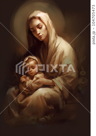 Image of the statue of the Orthodox Virgin Mary with the baby AI Image of the statue of the Orthodox Virgin Mary with the baby AI 104705473