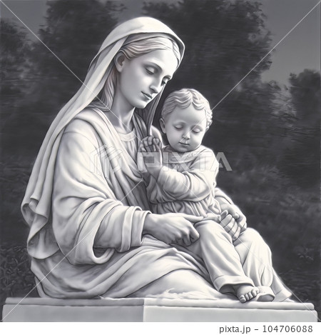 Graphic drawing of the statue of the Orthodox Virgin Mary with the baby AI Graphic drawing of the statue of the Orthodox Virgin Mary with the baby AI 104706088