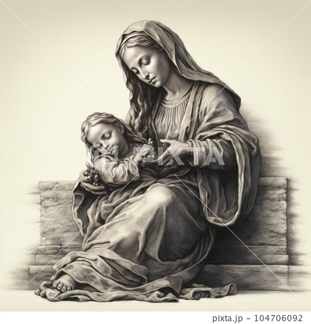 Graphic drawing of the statue of the Orthodox Virgin Mary with the baby AI Graphic drawing of the statue of the Orthodox Virgin Mary with the baby AI 104706092