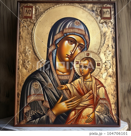 Traditional Orthodox icon of the Virgin Mary with the Child AI Traditional Orthodox icon of the Virgin Mary with the Child AI 104706101