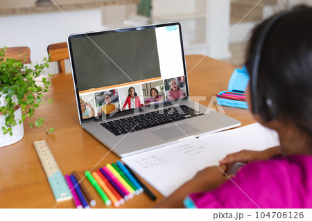 Multiracial girl and students attending online class over video call on laptop at home, copy space Multiracial girl and students attending online class over video call on laptop at home, copy space 104706126