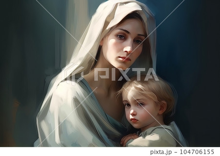 Photo illustration of the Orthodox Mother of God Virgin Mary with the baby biblical picture AI Photo illustration of the Orthodox Mother of God Virgin Mary with the baby biblical picture AI 104706155