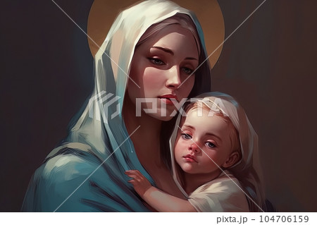 Photo illustration of the Orthodox Mother of God Virgin Mary with the baby biblical picture AI 104706159