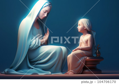 Photo illustration of the Orthodox Mother of God Virgin Mary with the baby biblical picture AI 104706170