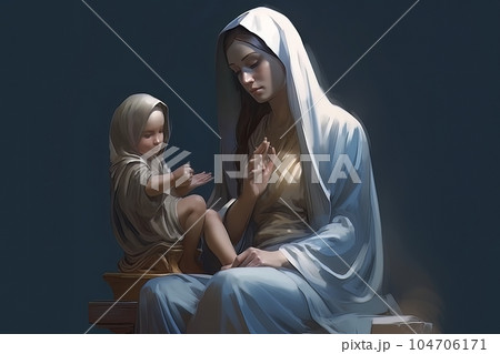 Photo illustration of the Orthodox Mother of God Virgin Mary with the baby biblical picture AI Photo illustration of the Orthodox Mother of God Virgin Mary with the baby biblical picture AI 104706171