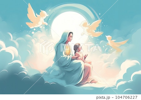 Photo illustration of the Orthodox Mother of God Virgin Mary with the baby biblical picture AI 104706227