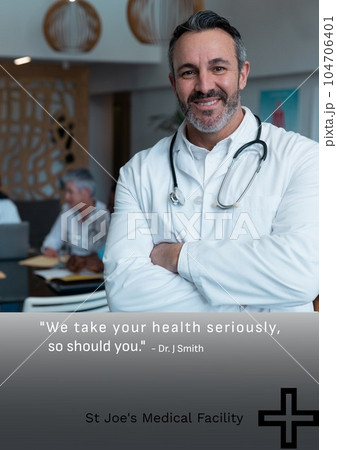 Composition of st joe's medical facility health text over caucasian male doctor Composition of st joe's medical facility health text over caucasian male doctor 104706401
