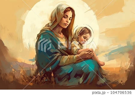 Photo illustration of the Orthodox Mother of God Virgin Mary with the baby biblical picture AI Photo illustration of the Orthodox Mother of God Virgin Mary with the baby biblical picture AI 104706536