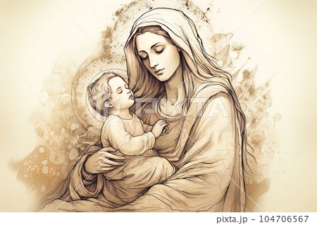 Graphic drawing of the statue of the Orthodox Virgin Mary with the baby AI 104706567