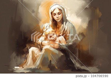 Photo illustration of the Orthodox Mother of God Virgin Mary with the baby biblical picture AI Photo illustration of the Orthodox Mother of God Virgin Mary with the baby biblical picture AI 104706590
