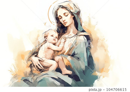 Photo illustration of the Orthodox Mother of God Virgin Mary with the baby biblical picture AI Photo illustration of the Orthodox Mother of God Virgin Mary with the baby biblical picture AI 104706615
