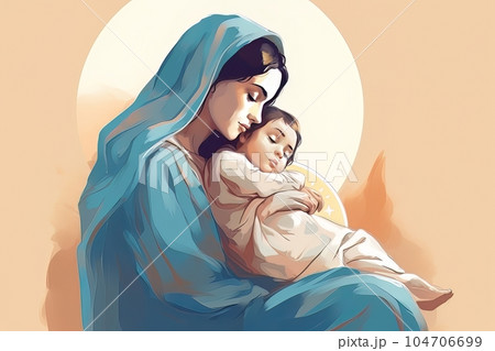 Photo illustration of the Orthodox Mother of God Virgin Mary with the baby biblical picture AI 104706699