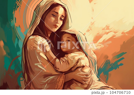 Photo illustration of the Orthodox Mother of God Virgin Mary with the baby biblical picture AI Photo illustration of the Orthodox Mother of God Virgin Mary with the baby biblical picture AI 104706710