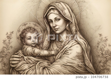 Photo illustration of the Orthodox Mother of God Virgin Mary with the baby biblical picture AI Photo illustration of the Orthodox Mother of God Virgin Mary with the baby biblical picture AI 104706738
