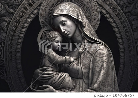 Photo illustration of the Orthodox Mother of God Virgin Mary with the baby biblical picture AI 104706757