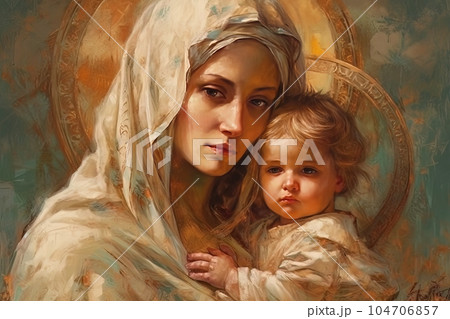 Photo illustration of the Orthodox Mother of God Virgin Mary with the baby biblical picture AI 104706857