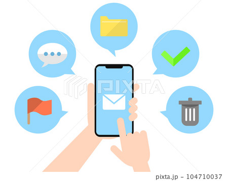 メールに関連したアイコンとスマートフォンを持つ手のイラスト メールに関連したアイコンとスマートフォンを持つ手のイラスト 104710037