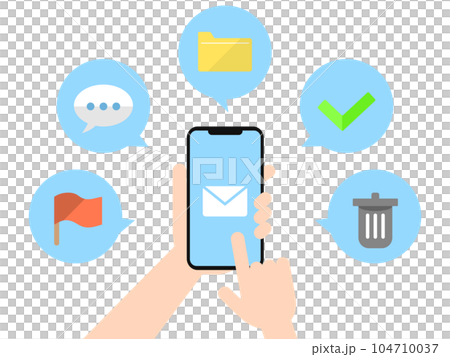 Illustration of a hand holding a smartphone with icons related to mail 104710037