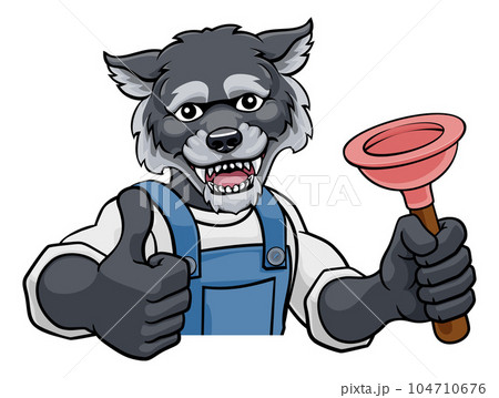Wolf Plumber Cartoon Mascot Holding Plunger Wolf Plumber Cartoon Mascot Holding Plunger 104710676