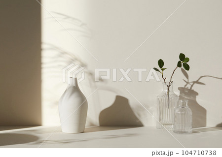 A room with various objects such as warm sunlight, shadows of grass leaves, a vase on a table, and cups 104710738