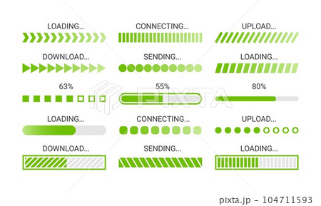 Loading bar. Green download progress loader, buffer status UI elements. Upload, download and sending speed indicators, time loading screen vector icons 104711593