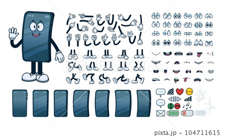Cartoon mascot phone. Constructor phone character mobile smartphone. Smart mobile gadget with faces, funny eyes, smiling mouth. Cellphone poses vector set 104711615