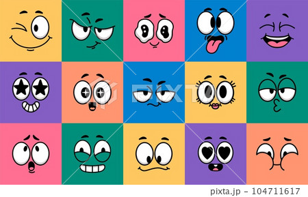 Cartoon face expression. Emotion comic face character on colors. Funny avatars with eyes and mouth. Caricature facial laugh, kiss, love mood. Vector illustration Cartoon face expression. Emotion comic face character on colors. Funny avatars with eyes and mouth. Caricature facial laugh, kiss, love mood. Vector illustration 104711617