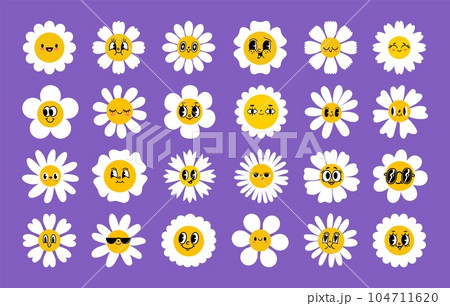 Cartoon daisy flowers. Flower retro face, smile happy chamomile characters. Cute kids floral plant emotion. Trendy white petal, spring orange faces. Vector set 104711620